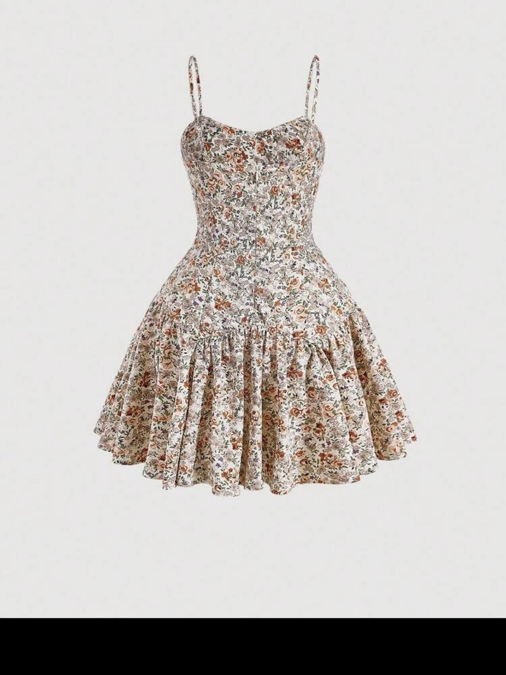 SHEIN Ivory Floral Spaghetti-Strap Fit & Flare Mini Dress with Rust Accents